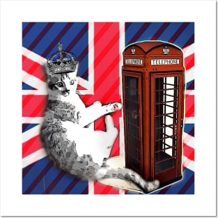 1980s dark academia uk union jack flag london telephone booth funny royal kitty cat Posters and Art